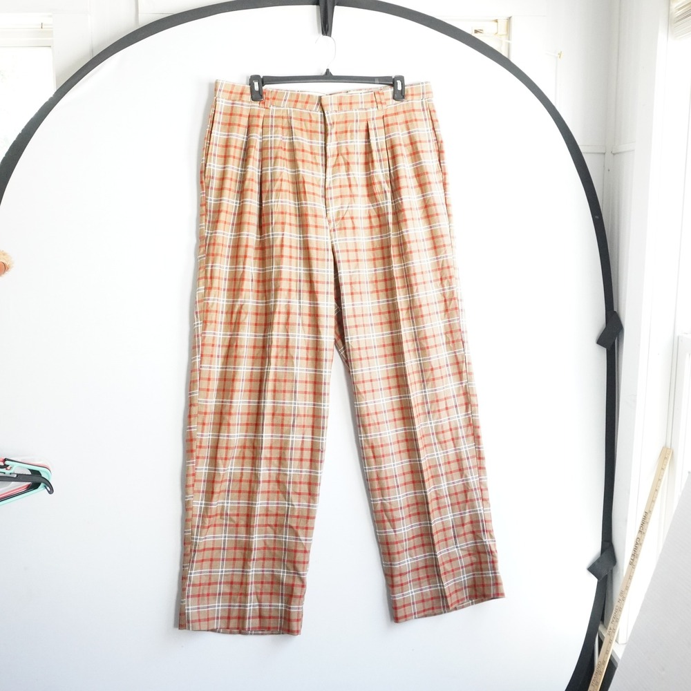 VTG Smokey Joe Pleated Plaid Trousers 40 Tan‎ Orange Red Straight Leg Pants